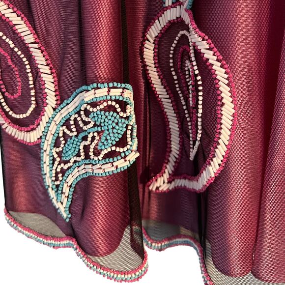 Kay Unger Women's Skirt Size 8 Burgundy Embroidered Beaded Paisley Sheer Lined - Picture 9 of 11